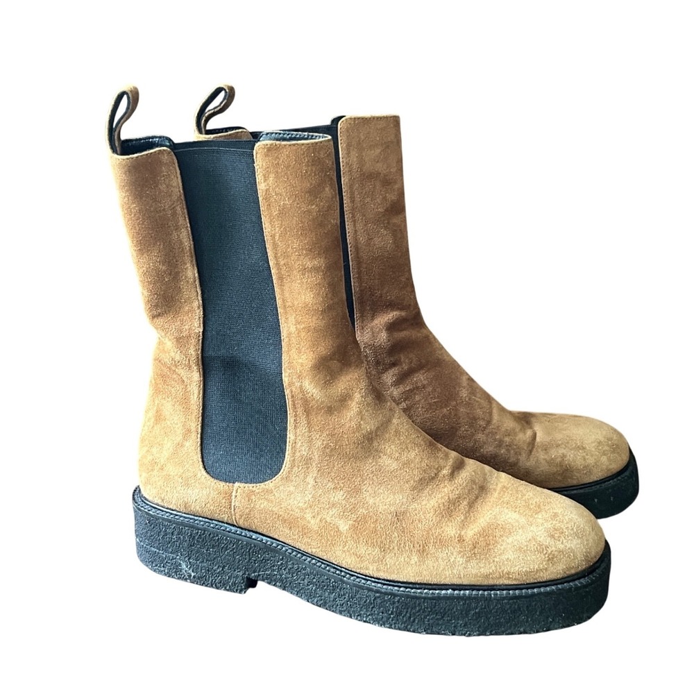 STAUD Palamino Suede Chelsea Boots BROWN/BLACK Mid-Calf Pull-On 38 US-8 Ladies